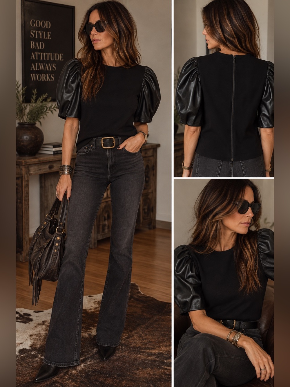 🖤 Alice + Olivia Black Edyth Puff Leather Sleeve Top 💃 (On Trend 2026 🖤)